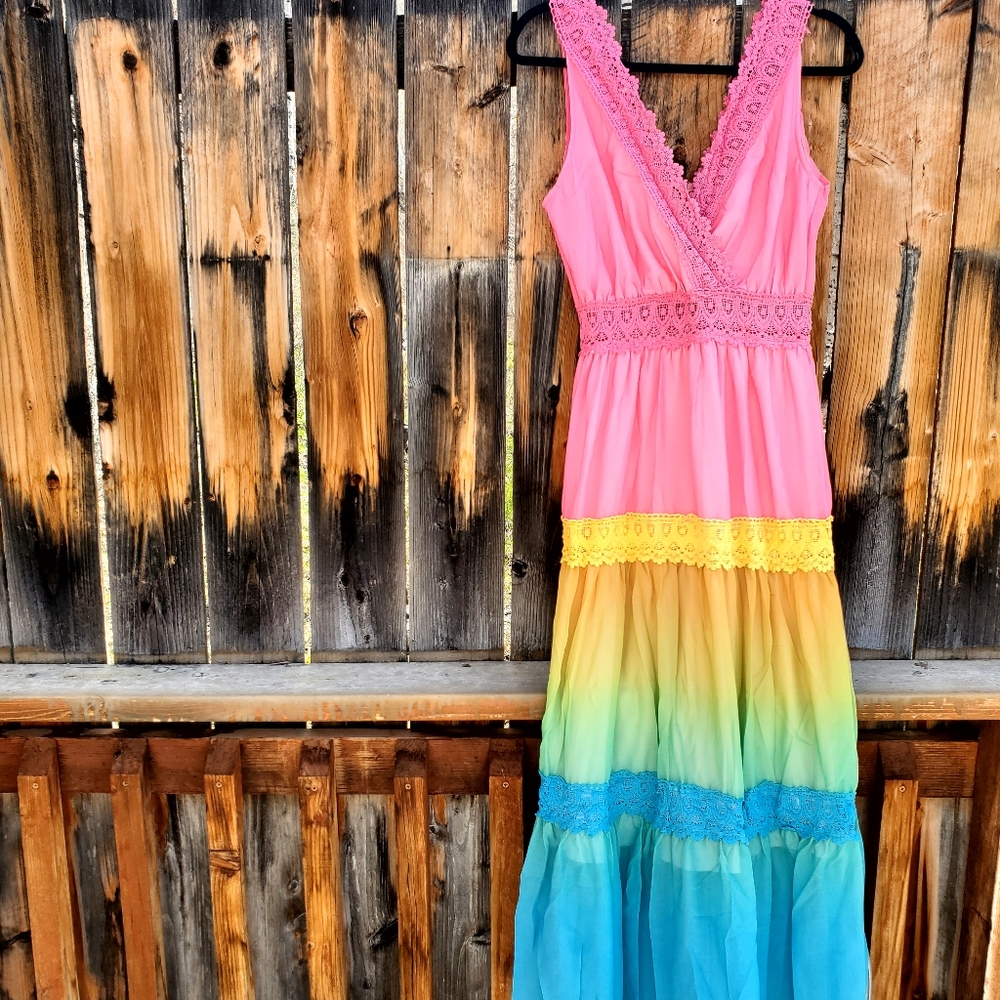 Rainbow Sleeveless Dress with Lace NWOT